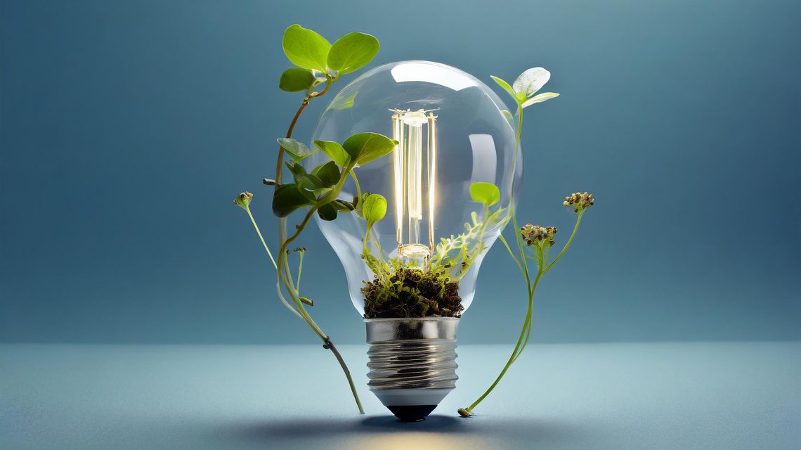 Glühbirne, in deren Innerem kleine grüne Pflanzen wachsen. Die Lampe leuchtet warm und steht vor einem schlichten blauen Hintergrund.